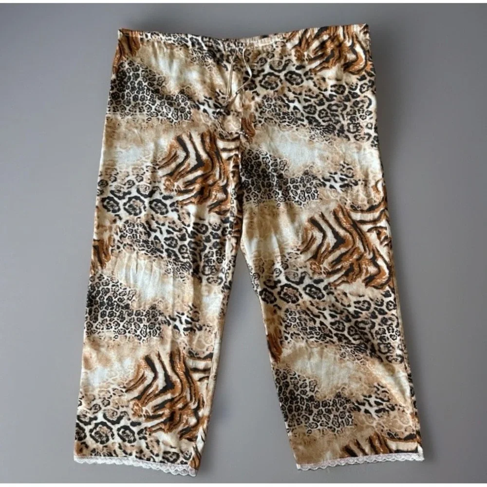 Cruz Satin Pajama Pants Medium Animal Print Leopard Tiger Lace Trim Capri Brown